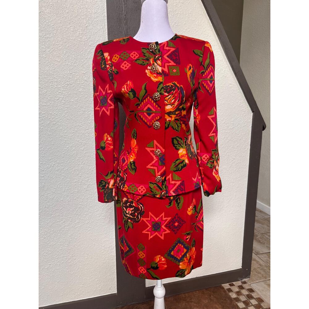 Vintage Designer Emanuel Ungaro Paris Red Floral Suit Set